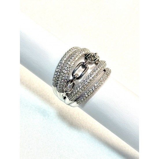 Zincir Detaylı Çoklu Sıra Taşlı 925 Ayar Gümüş Yüzük